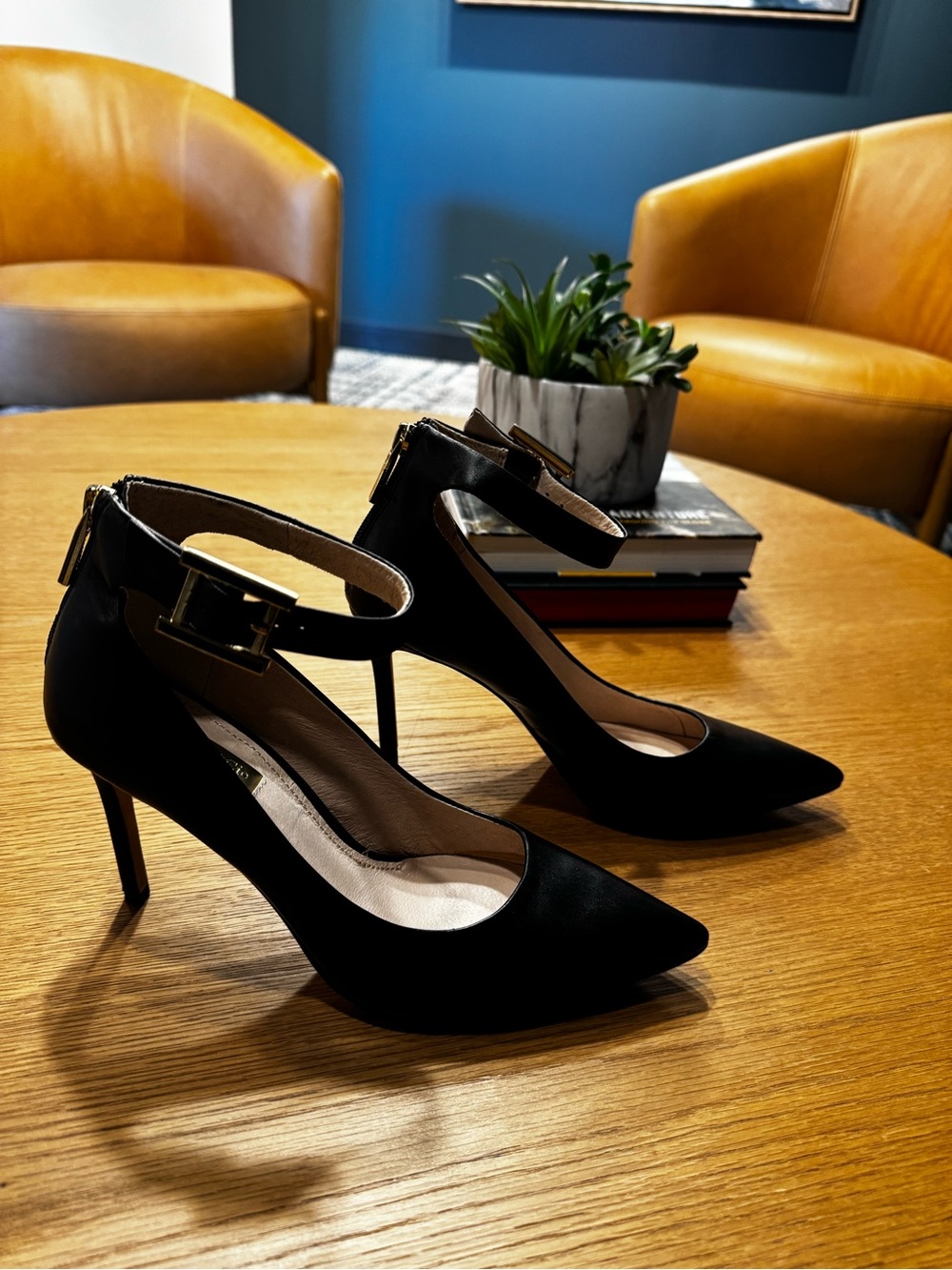 Louise et Cie Black Pointed-Toe Ankle-Strap Pumps with Gold Buckle - Picture 3 of 16